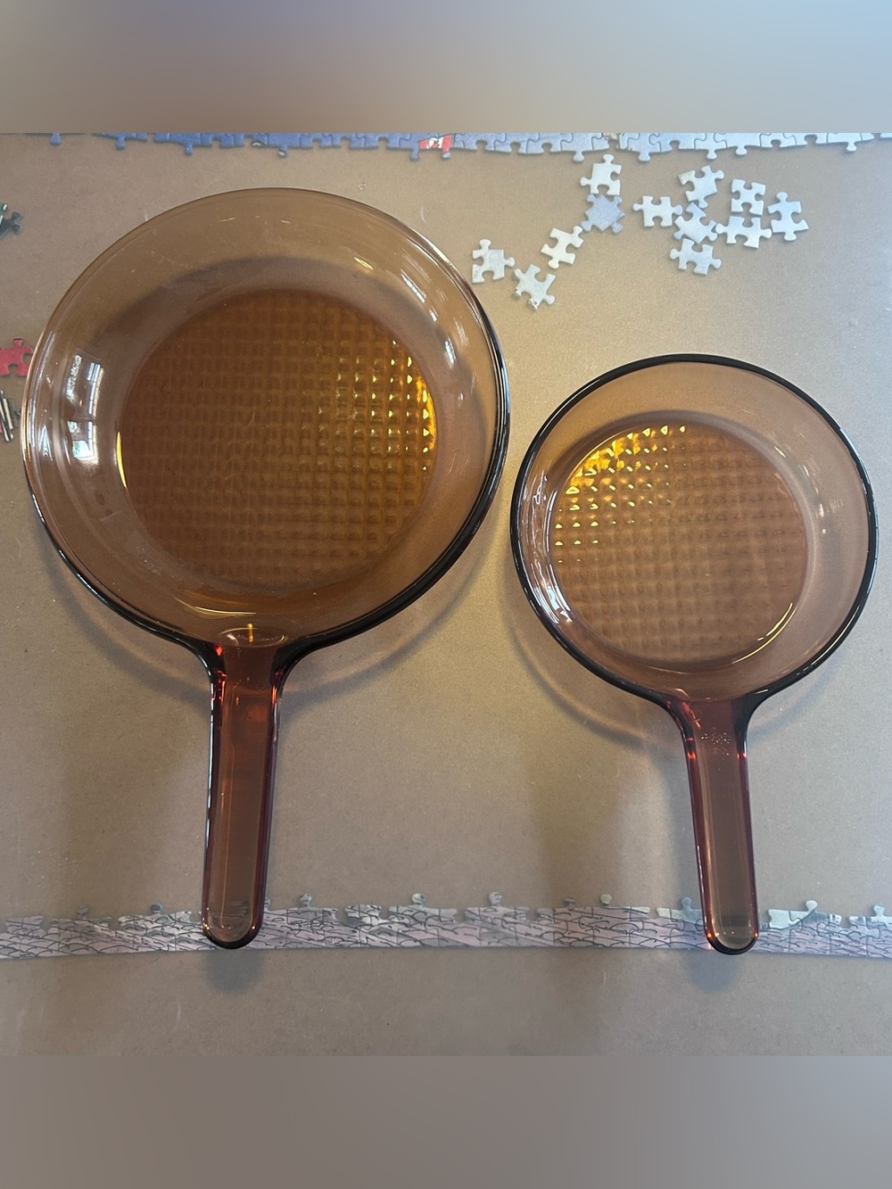 Vintage Corning Visions Amber Glass Skillet Frying Pan Set ~ 7” & 10”